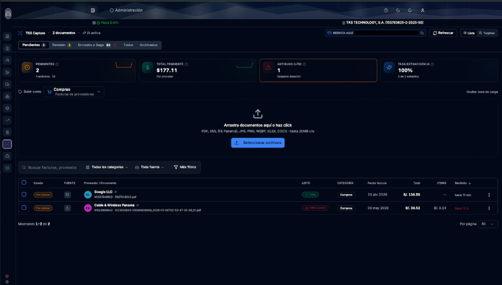 TKS Capture — Captura inteligente de facturas con IA, integrada a Sage 50 - Peachtree